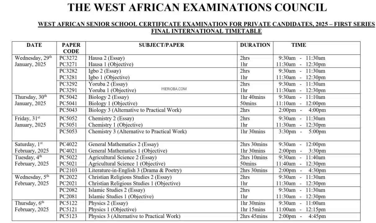 Timetable for WAEC GCE Series 1 (29 January-15 February 2025)