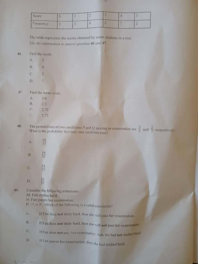 WAEC mathematics objective