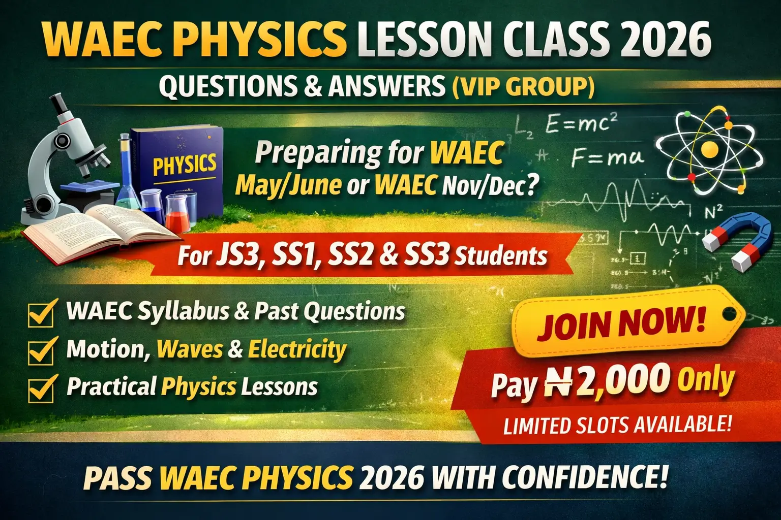 WAEC Physics Lesson Class 2026 Questions and Answers